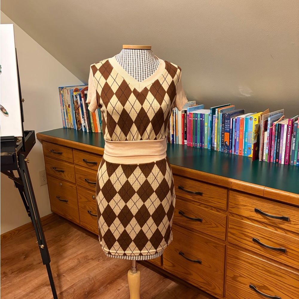SHEIN Brown and Cream Argyle Skirt Set